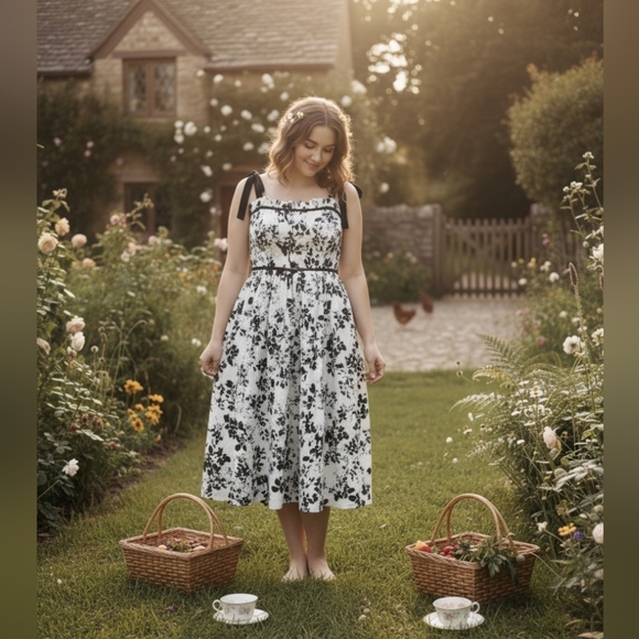 Flowers Dresses & Skirts - En Saison Vivi Eyelet Floral Print Midi Dress Size S NWT Cottagecore Ascot Fairy